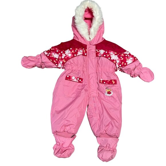 Sesame Street Other - Vintage Sesame Street Zoe Pink Baby Snowsuit 12M Fur Hood Mittens Booties NWOT